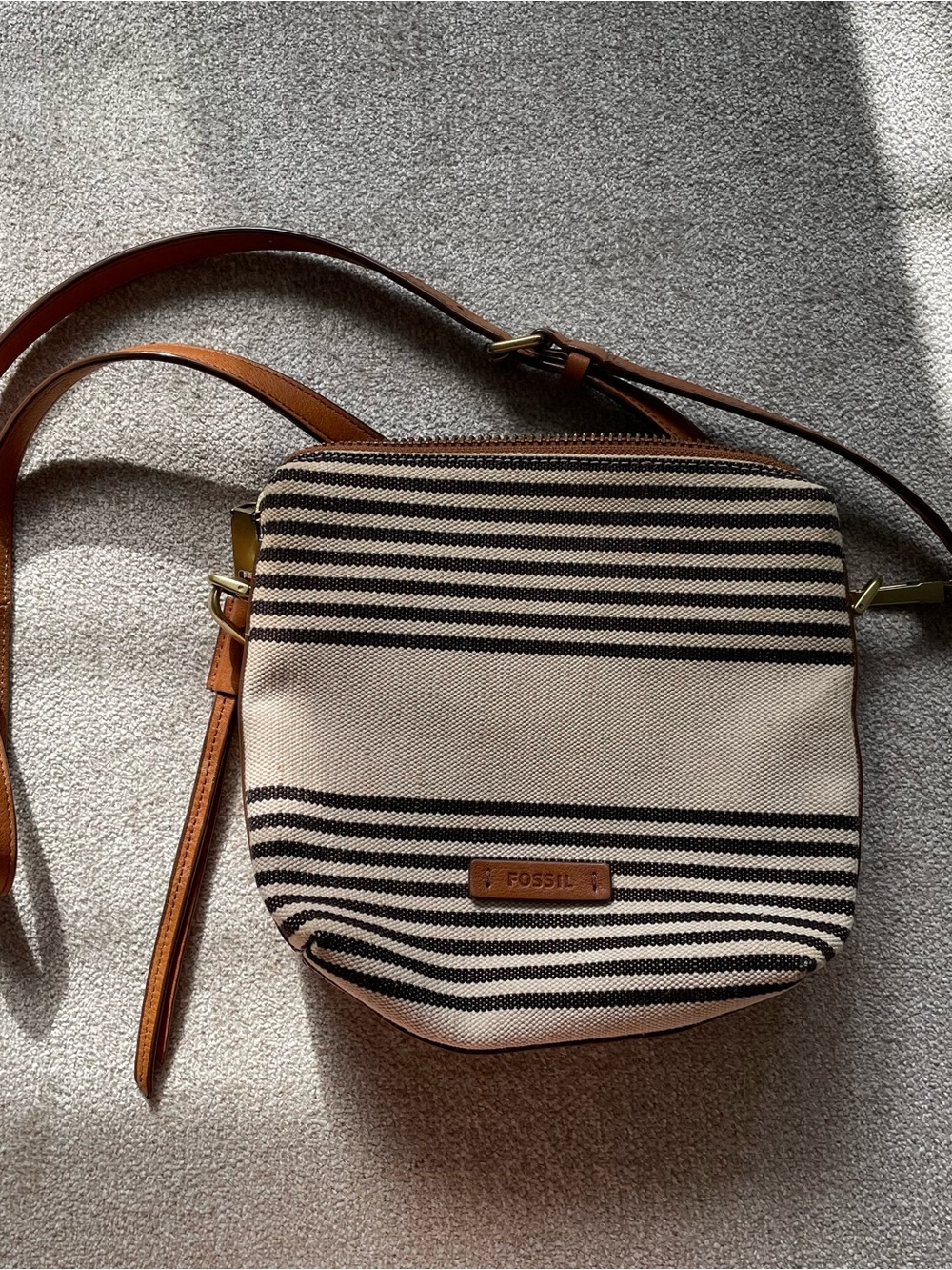 Fossil Striped Canvas Crossbody in Cream and Brown Leather